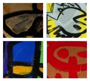 Quattro piccoli particolari di quadri: segni neri su marrone, una figura nera su bianco e giallo, campiture blu, gialle e verdi, una forma rossa su fondo ocra.